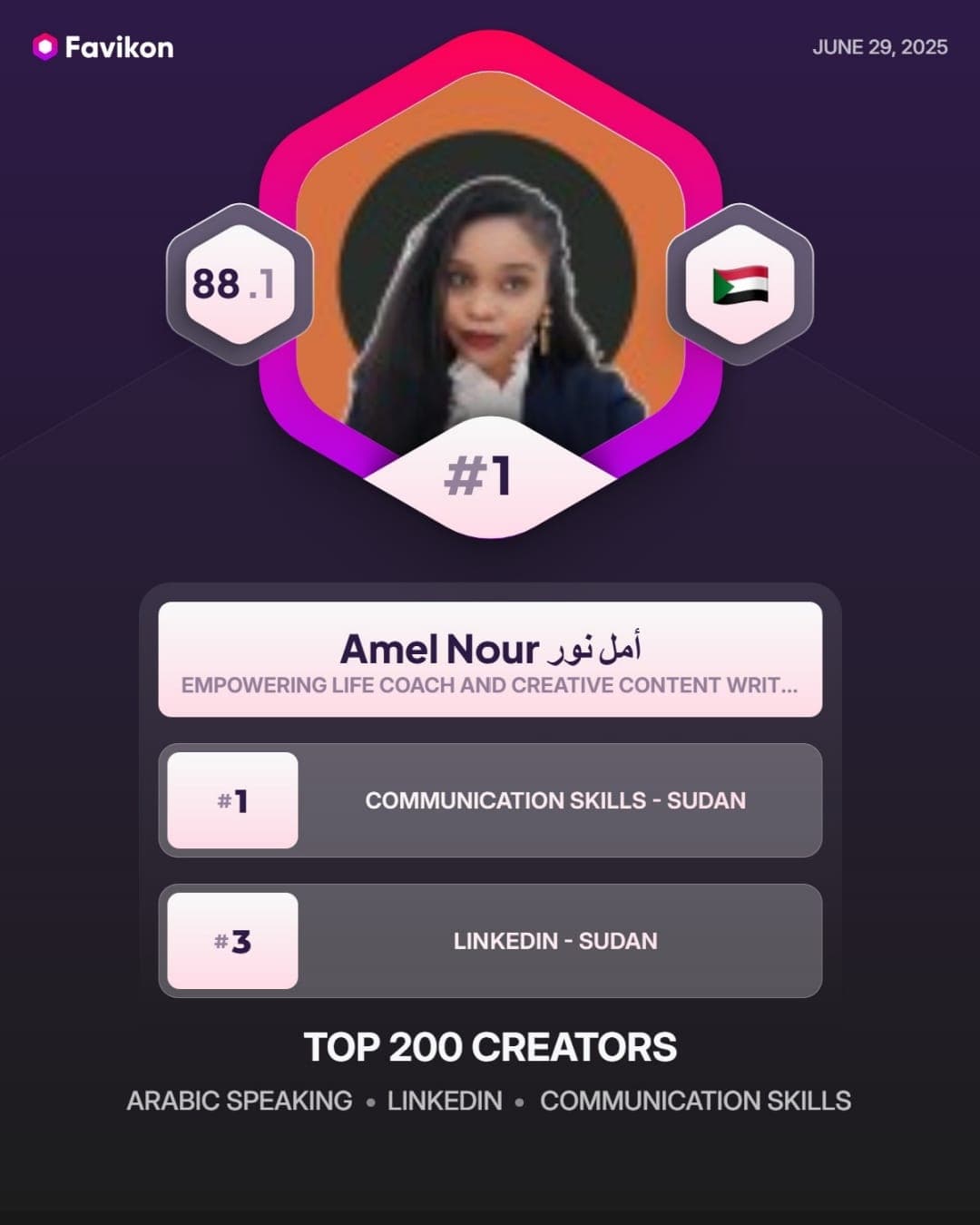 أمل نور — المرتبة الأولى في مهارات التواصل والثالثة على LinkedIn بالسودان (Favikon)